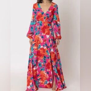 Boutique Pink and Red Floral Floor-Length Dress